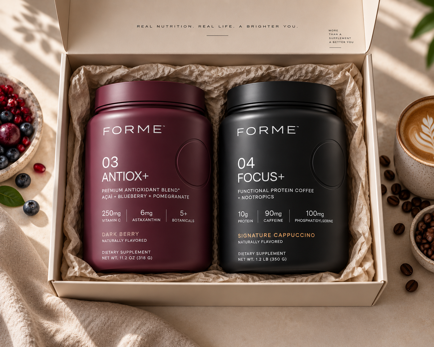 FORME 03 ANTIOX+ and FORME 04 FOCUS+ presented together in a cream kit box