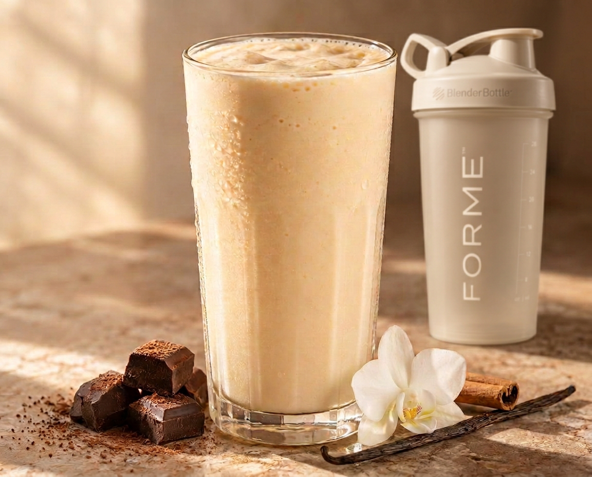 A creamy vanilla protein shake in a tall glass, morning light