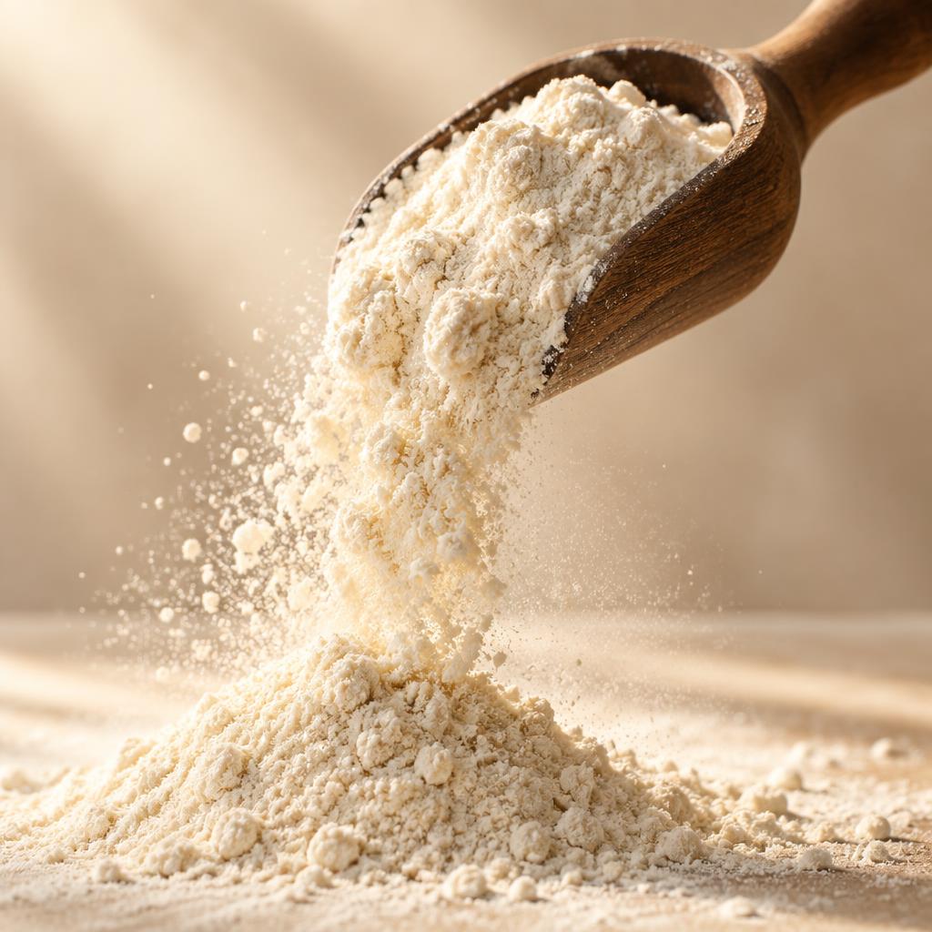 A wooden scoop of fine cream-colored protein powder